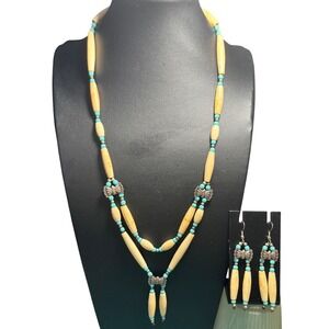 VTG Southwest Bone Hairpipe Turquoise Bead Necklace & Earring Set Sterling